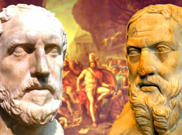 Tucídides (dir.) e Heródoto (esq.) foram os mais conhecidos nomes da historiografia da Grécia Antiga